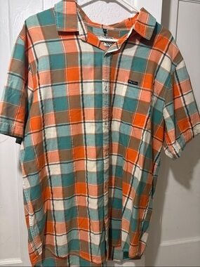 Lrg Short-Sleeve Plaid Button-Up Shirt in Orange, Teal & Cream